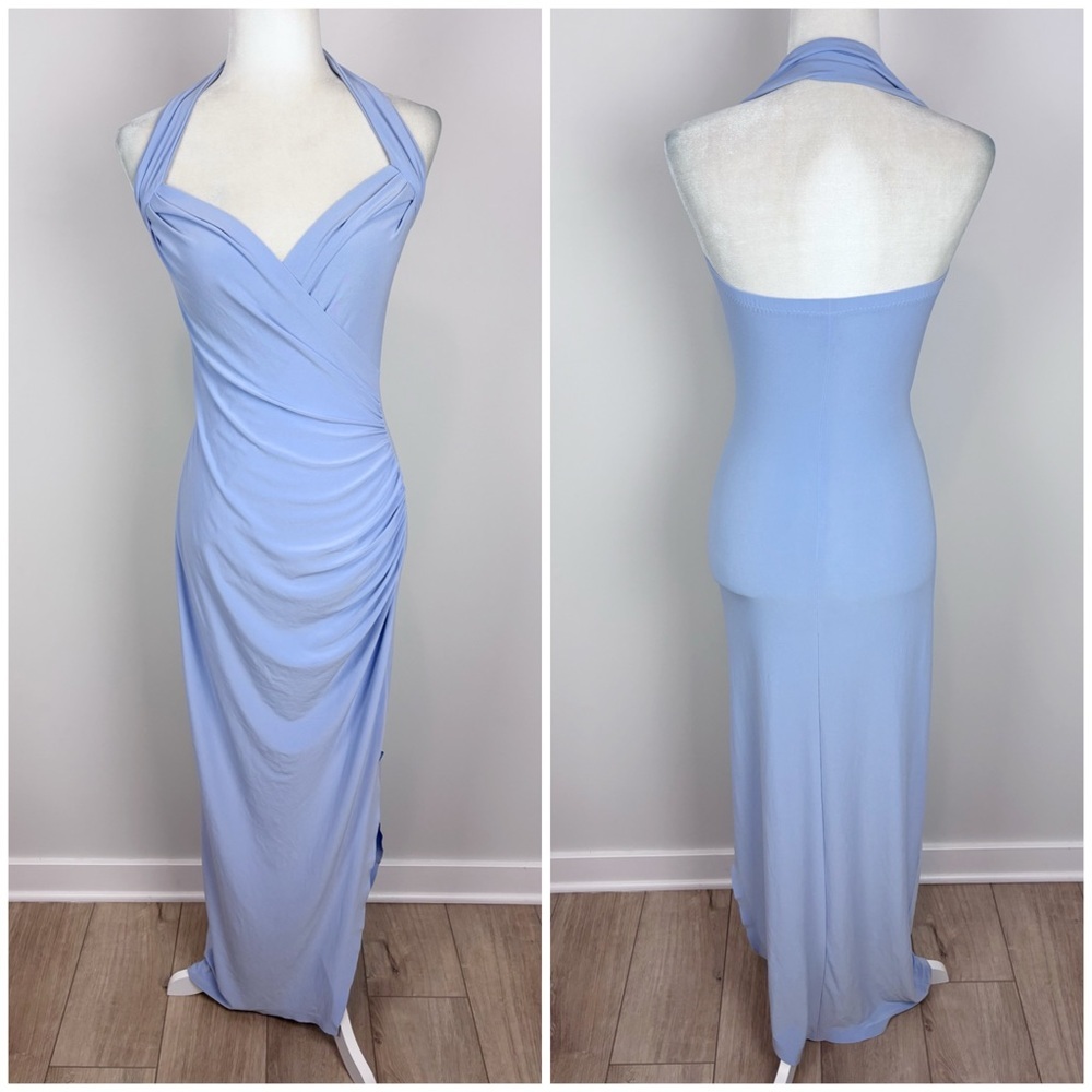 Norma Kamali x REVOLVE Halter Sweetheart Side Drape Gown Celestial Blue Size S - Picture 2 of 11